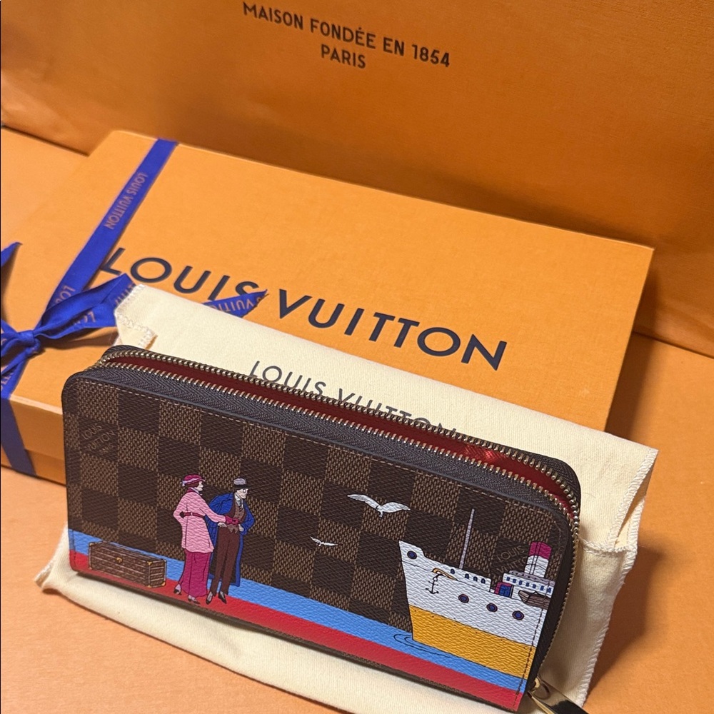 Authentic Louis Vuitton Brown Damier Canvas Zip Wallet, Multicolor Travel Motif